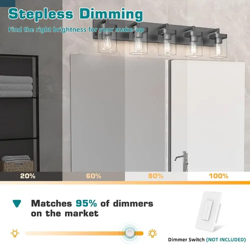 Miniatura 6 de Juego de 2 apliques de pared, diseño cuadrado, accesorios de iluminación de baño con pantalla de vidrio transparente, luces de pared negras mate