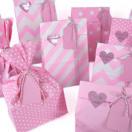 Miniatura 4 de SMINTINE Paquete de 30 bolsas de golosinas rosas con calcomanías de agradecimiento, etiquetas de papel, cuerda de algodón para panaderos, bolsas