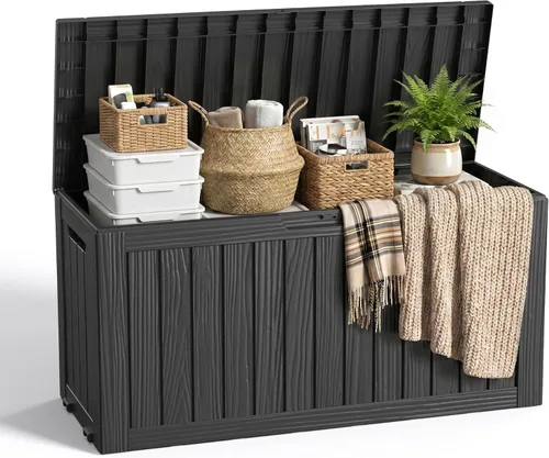 Miniatura 37 de EasyUp Caja de almacenamiento al aire libre de 30 galones, caja de resina para muebles, herramientas de jardín, cajas de almacenamiento exteriores