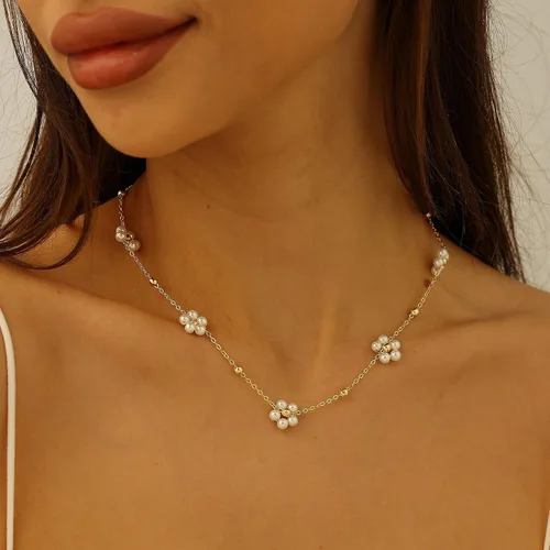 Miniatura 3 de Collar de perlas, collar de flores de perlas Lariat Collar de perlas de estación Neckalce Solitario Collar colgante de perlas de concha simulada