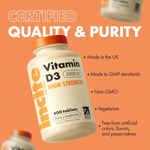 Miniatura 4 de Incite Nutrition Vitamina D 5000 IU - 400 Tabletas Micro de Vitamina D3 de fácil deglutición de alta potencia - Alto contenido en colecalciferol VIT