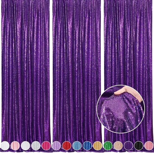 Miniatura 53 de Telón de fondo de lentejuelas moradas 2 paneles 2FTx8FT con purpurina telón de fondo cortinas para fiesta de Halloween fondo de fotos para bodas