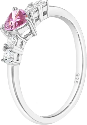 Miniatura 2 de 925 Sterling Silver Size 2-5 Brilliant Clear Round Pink Heart Cubic Zirconia Rings for Girls - Fashionable CZ Ring Bands for Preteens Teens - Cute
