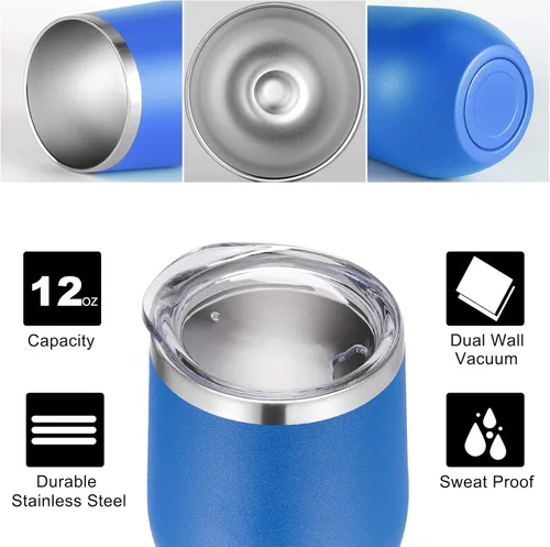 Miniatura 2 de VEGOND Vasos de Vino Paquete de 12, Vaso de Vino sin Tallo de Acero Inoxidable de 12 onzas con Tapas y Pajitas, Vaso Tumbler de Doble Pared con Azul