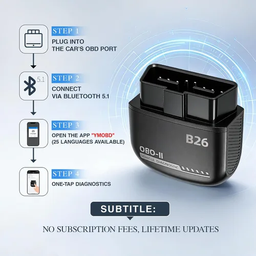 Miniatura 5 de Escáner B26 Bluetooth OBD2 para iOS y Android - Lector de código de motor sin suscripción, herramienta de diagnóstico del motor mejorada 2026, luz