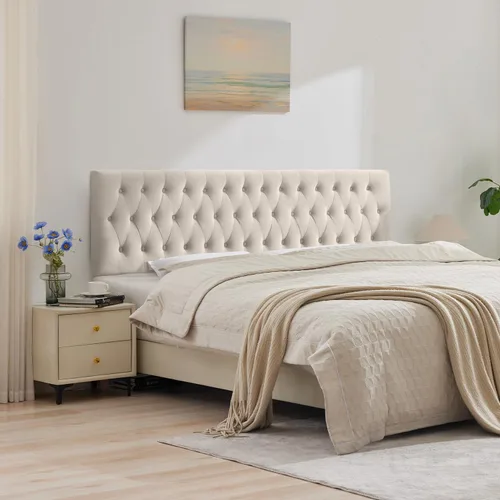 Miniatura 13 de Kingfun Cabeceras con diseño moderno de botones, cabecera de cama tapizada y acolchada de tela de lino premium, cabecera de madera maciza ajustable