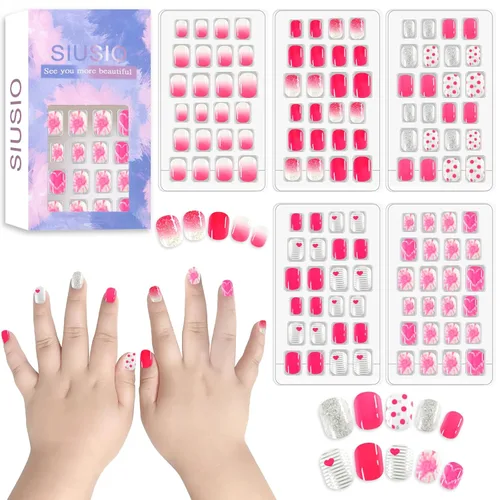 Miniatura 8 de 120 unidades de 5 uñas postizas acrílicas a presión para niños, lindo prepegamento de cubierta completa con purpurina, color degradado, arcoíris