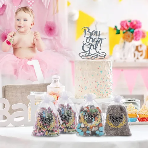 Miniatura 4 de Hopttreely Pequeñas bolsas de organza de agradecimiento, recuerdos de boda con cordón, bolsas de regalo de joyería 4X6 para fiestas, bolsas de Blanco