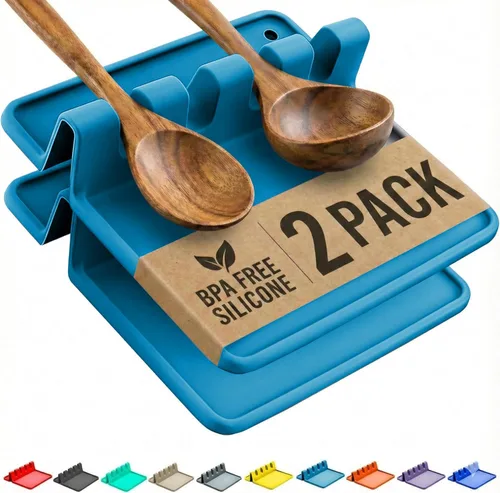Miniatura 10 de Soporte de cuchara de silicona naranja para estufa con almohadilla de goteo (paquete de dos) – Resistente al calor sin BPA y soporte para cuchara