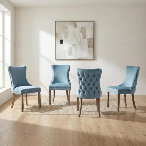 Miniatura 26 de OVENTA Juego de 4 sillas de comedor modernas tapizadas con respaldo completo, sillas de comedor de terciopelo dorado con patas de madera maciza