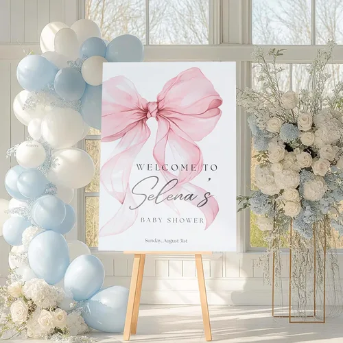 Miniatura 2 de Letrero de bienvenida personalizado para baby shower, letrero de bienvenida personalizado con lazo rosa para baby shower, póster de lazo rosa