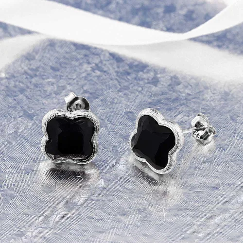 Miniatura 4 de 18K Gold Plated Sterling Silver Flower Shape Clover Designs Black Onyx Diamond Cut Stud Earrings For Women