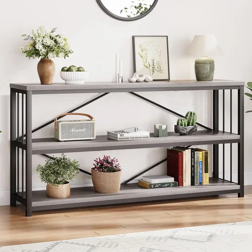 Miniatura 27 de LVB Mesa consola industrial, mesa de sofá de metal y madera, mesa de entrada rústica con almacenamiento, moderno estante de 3 niveles mesa larga