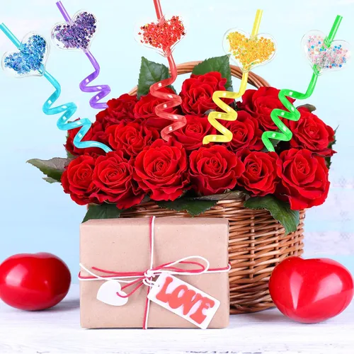 Miniatura 6 de 24 popotes de plástico con purpurina de 8 colores para el día de San Valentín, con 2 cepillos de limpieza