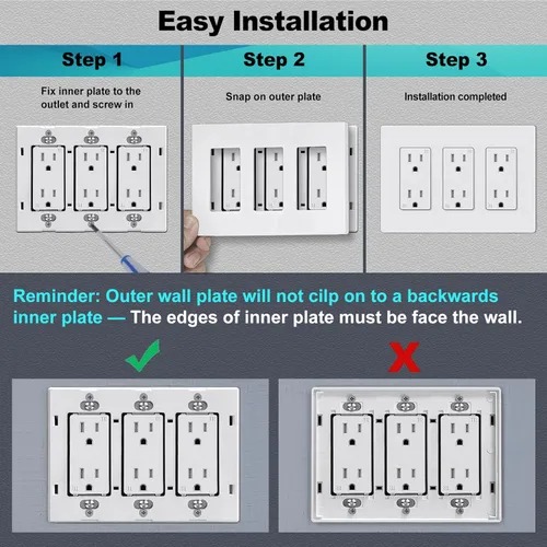Miniatura 4 de CML - Placa de pared decorativa sin tornillos de 3 segmentos, paquete de 2 cubiertas para interruptores de luz, cubierta de receptáculo de toma