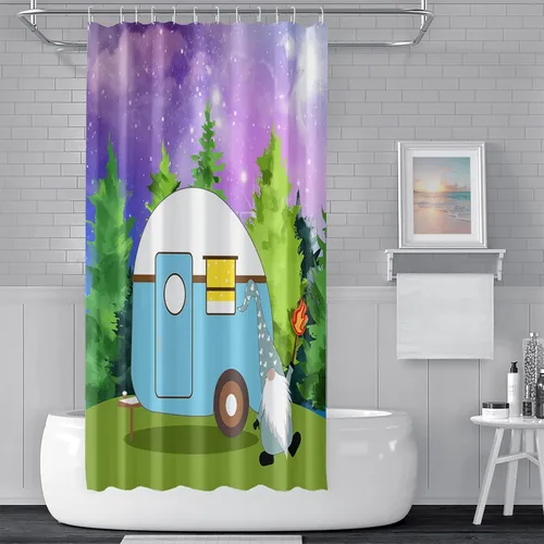 Miniatura 12 de Cortina de ducha Happy Camper de 48 x 72 pulgadas, diseño de caricaturas, remolque, hoguera, aventura al aire libre, cortina de baño para decoración