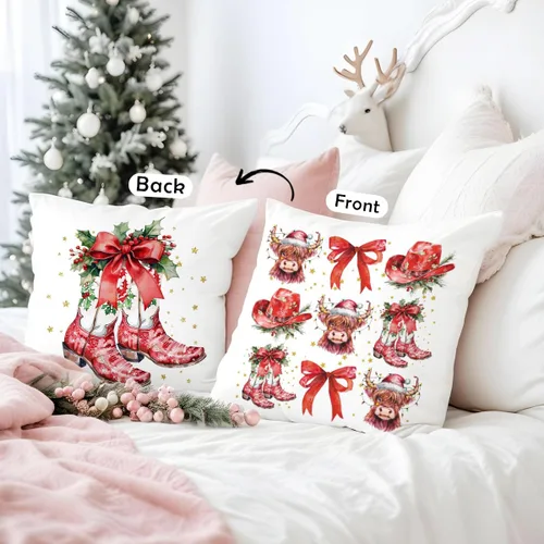 Miniatura 3 de Fundas de almohada decorativas de Navidad western 18x18 de doble cara, lazo rojo coqueta vaca botas de vaquero fundas de almohada decorativas