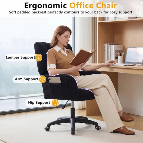 Miniatura 3 de FOXHUNTER Silla de tocador con respaldo ergonómico y ruedas, silla giratoria de 360°, silla de oficina en casa de altura ajustable para sala de Negro