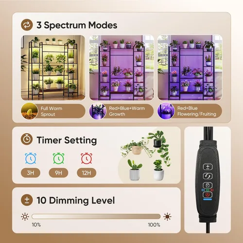 Miniatura 4 de Soporte de plantas grande de 55" para interiores con 8 luces LED de crecimiento (3 modos y temporizador automático) - Estante de plantas de metal