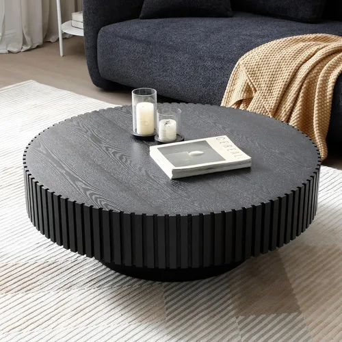 Miniatura 10 de Mesa de centro redonda con almacenamiento, moderna mesa de centro de madera con chapeado de madera maciza, mesa central circular mesa de té de 31.5