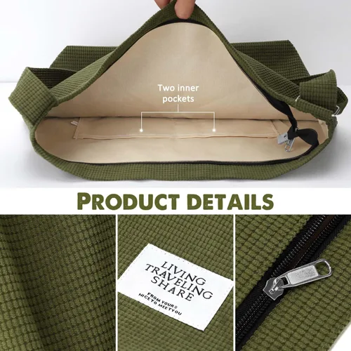 Miniatura 4 de Gocvo Bolso de mano de pana para mujer, bolso de hombro grande con cremallera, bolso cruzado con cordón y bolsillo