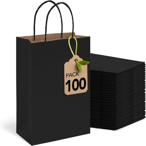 MESHA Bolsas de regalo negras de 5.25 x 3.75 x 8 pulgadas, pequeñas bolsas de papel kraft con asas a granel, paquete de 100 para pequeñas empresas,