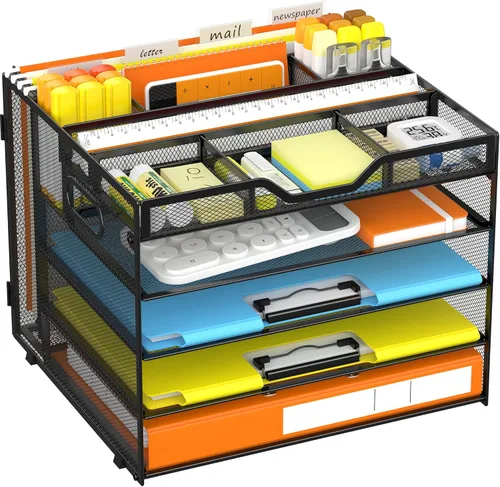 Miniatura 11 de Docnest Organizador de escritorio de malla de 5 niveles, bandeja de cartas con compartimentos ajustables, almacenamiento de escritorio de malla