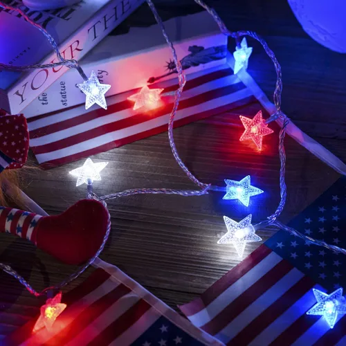 Miniatura 5 de Luces solares rojas, blancas y azules, 4 de julio, tira de luces de estrella decorativa con 100 luces LED solares de jardín, 51 pies, impermeables
