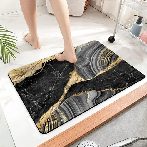 Alfombra de baño, alfombra de baño de mármol negro y dorado, tapete antideslizante para decoración del hogar, tapete de barro para interiores y