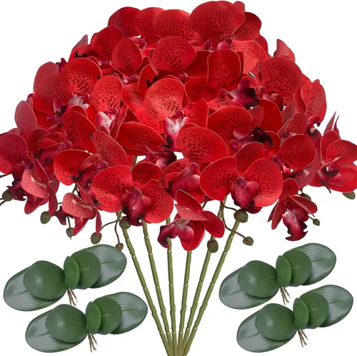 Miniatura 8 de FagusHome Phalaenopsis - 6 piezas de flores artificiales de orquídea con 4 paquetes de hojas, plantas con tallo para decoración del hogar (rojo)
