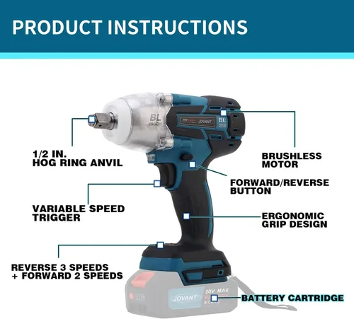 Miniatura 9 de Kit de Llave de Impacto Inalámbrica, 737 Pies-libras (1000 N.m) Pistola de Impacto Eléctrica sin Escobillas, Llaves de Impacto de Potencia con 5