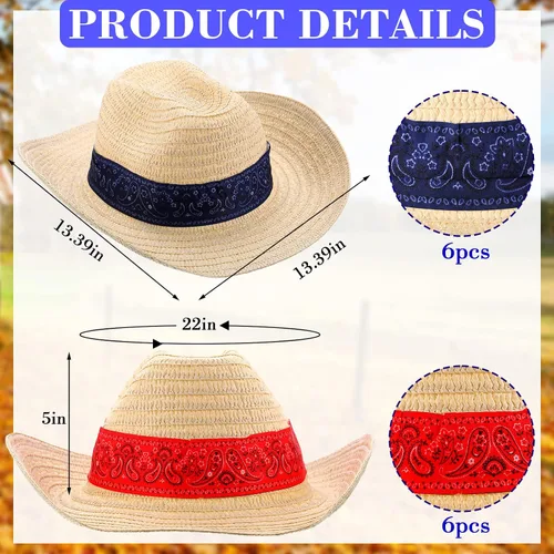 Miniatura 2 de Leumoi 12 sombreros de vaquero occidental con bandana roja, sombrero clásico de paja de vaquero para vaquero, roeo, fiesta temática, cosplay