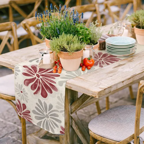 Miniatura 3 de AnyDesign Camino de mesa floral acuarela con flores rojas y grises, decoración de mesa de comedor, cubierta rústica para interiores y exteriores