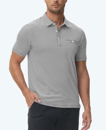 Miniatura 2 de MoFiz Polo de golf para hombre, ajuste seco, a rayas, de manga corta, absorbe la humedad, con bolsillo
