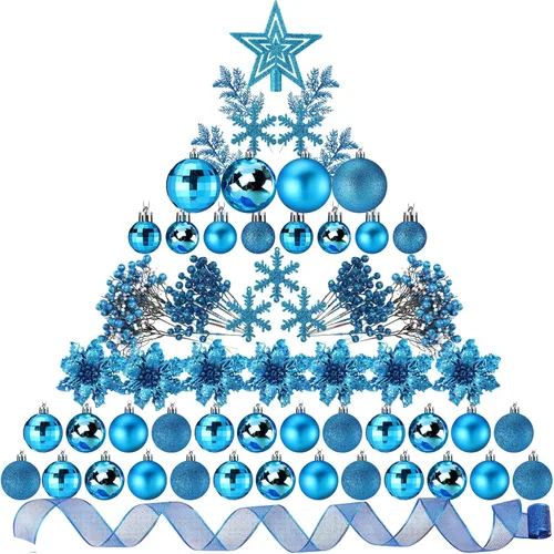 Miniatura 10 de Sratte 94 piezas de adornos para árbol de Navidad, adornos de bolas de Navidad con purpurina, flores de nochebuena, decoraciones con bayas Azul