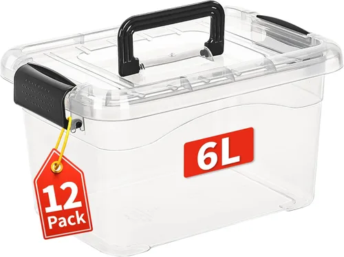 Cetomo Paquete de 12 cajas de almacenamiento de 6 pulgadas de largo x 12 unidades, con tapas y asa para organización del hogar, dormitorio, oficina,