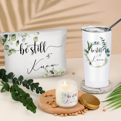 Miniatura 4 de Sieral 3 piezas de regalo cristiano a granel para mujeres, vaso de 20 onzas, vela de oración y bolsa de maquillaje con versículos bíblicos, regalo