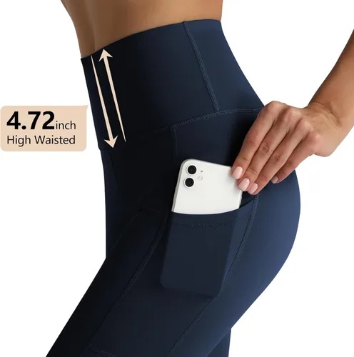 Miniatura 2 de RIMLESS 7 Leggings para mujer con bolsillos de cintura alta, pantalones de yoga de algodón para entrenamiento, correr, pantalones capri atléticos
