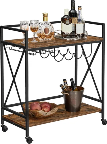 VASAGLE Carrito de bar, carrito de servir, estante de cocina móvil con estante de copas de vidrio y soportes para botellas de vino, industrial,