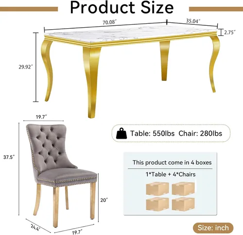 Miniatura 3 de Juego de mesa de comedor de mármol sintético de 5 piezas para 4 mesas de cocina de lujo de oro blanco con 4 sillas tapizadas de terciopelo gris