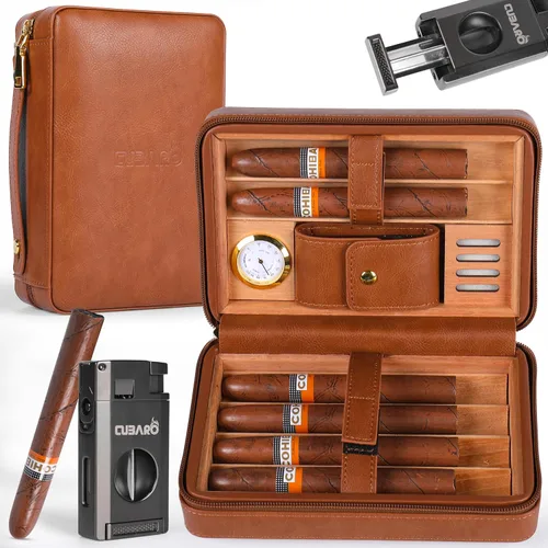 Miniatura 8 de Estuche para humidor de cigarros de viaje, con capacidad para 6 puros, caja portátil de cuero y cedro español con higrómetro y humidificador