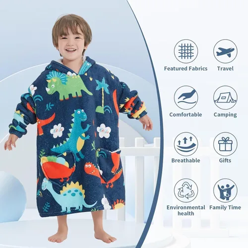 Miniatura 2 de Fiosnow Manta con Capucha de Dinosaurio para Niños Pequeños de 2 a 6 Años, Sudaderas con Capucha Extragrandes para Niñas y Niños