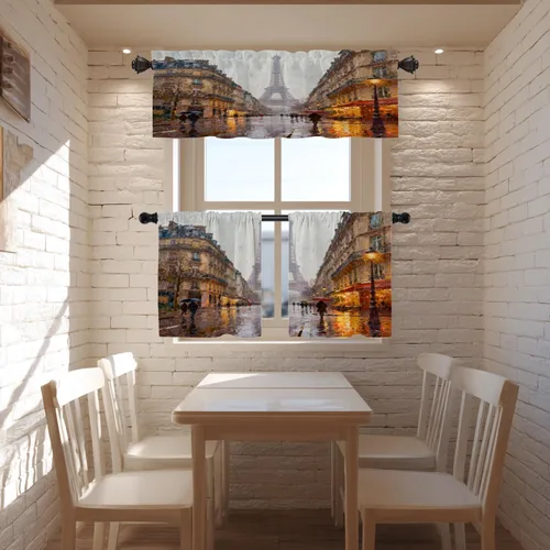 Miniatura 7 de Cortinas opacas de cocina con pintura al óleo de Europa rosa y negra para ventanas, cenefas opacas modernas de torre Eiffel de poliéster multicapa