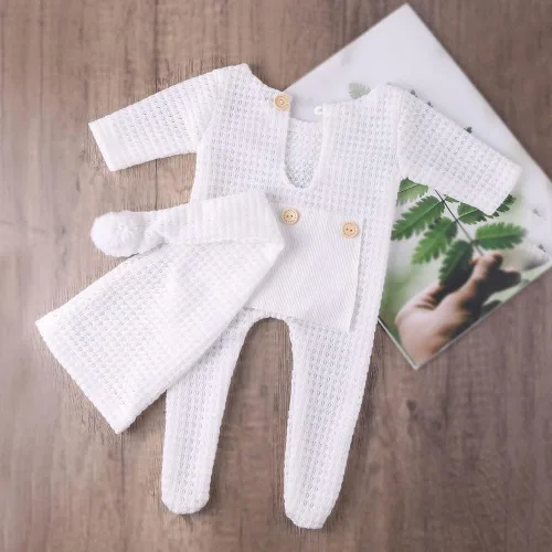 Miniatura 4 de Accesorios para sesión de fotos de bebé recién nacido, sombrero de punto de ganchillo, disfraz, sombrero de rayas, pantalones, mono, accesorios