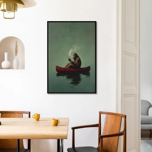 Miniatura 7 de Póster de lienzo retro de Sasquatch, divertido pie grande en una canoa roja, pesca verde esmeralda, arte de pared, diseño de casa de lago, vintage