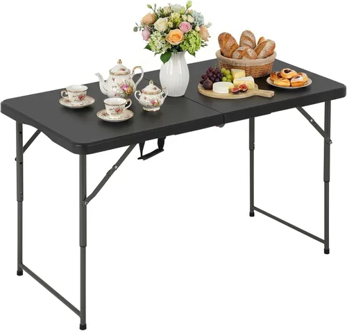 Mesa plegable, mesa plegable de plástico resistente de 4 pies con asa de transporte, mesas de fiesta portátiles de altura ajustable para jardín,