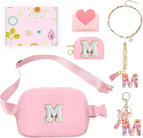 Miniatura 13 de Regalos de moda para niñas adolescentes, cangurera con monograma para niña con llavero, collar, dijes de taza, tarjeta de felicitación y caja