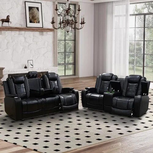Miniatura 12 de Sofá reclinable eléctrico, sillón reclinable de cuero con LED/almacenamiento, sillón reclinable de cine en casa de 3 plazas, sofá de cuero negro