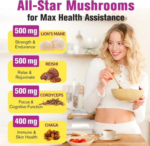 Miniatura 3 de Polvo de hongos para café de hongos, complejo de hongos 20 en 1 con polvo de melena de león, reishi, cordyceps, cola de pavo y hierbas, Amarillo