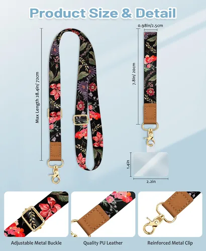 Miniatura 6 de Cordón cruzado para teléfono celular con correa para la muñeca, diseño de flores, para colgar alrededor del cuello, correa floral ajustable